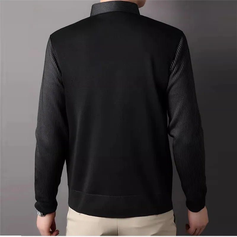 Men's Winter Fleece Knit Pullovers Smart Casual Knitted Sweaters Shirt Collar Fake Two Knitwear Fashion Slim Fit Man Sweater - PratSN