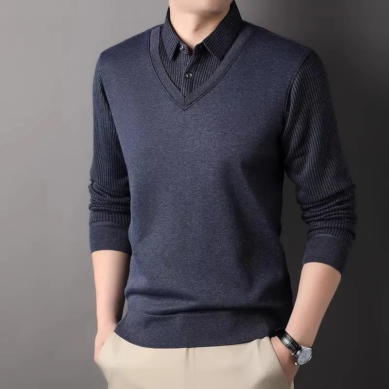Men's Winter Fleece Knit Pullovers Smart Casual Knitted Sweaters Shirt Collar Fake Two Knitwear Fashion Slim Fit Man Sweater - PratSN