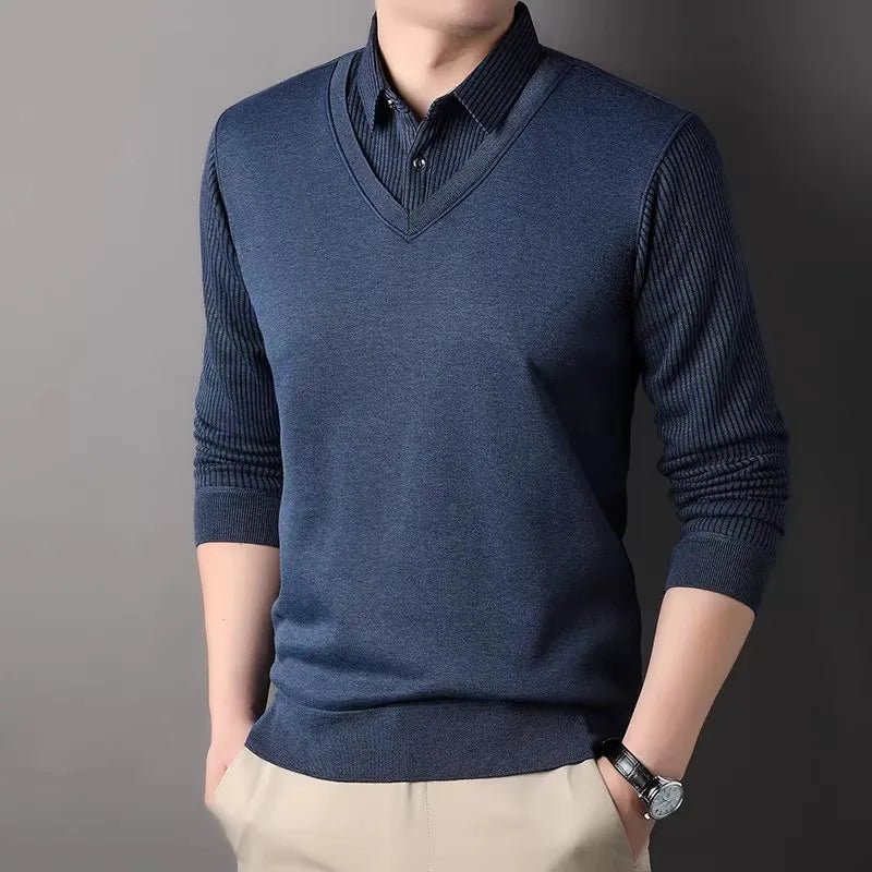 Men's Winter Fleece Knit Pullovers Smart Casual Knitted Sweaters Shirt Collar Fake Two Knitwear Fashion Slim Fit Man Sweater - PratSN