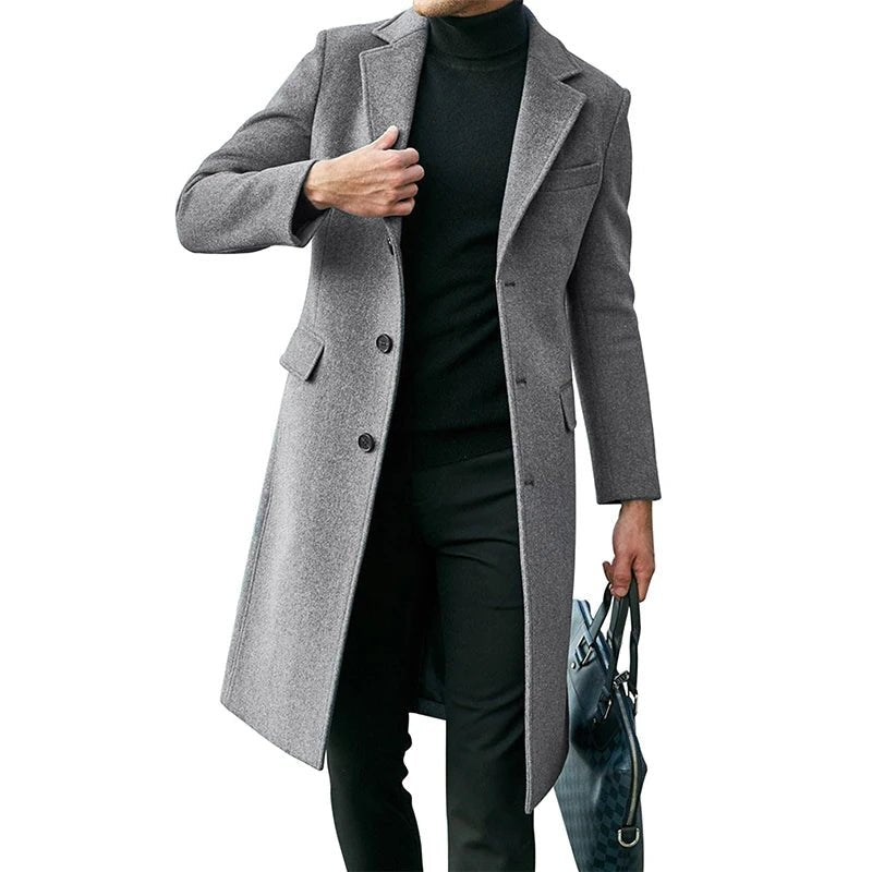Mens Winter Long Wool Coat Solid Color Long Sleeve Lapel Single Breasted Fit Windbreaker Overcoat - PratSN