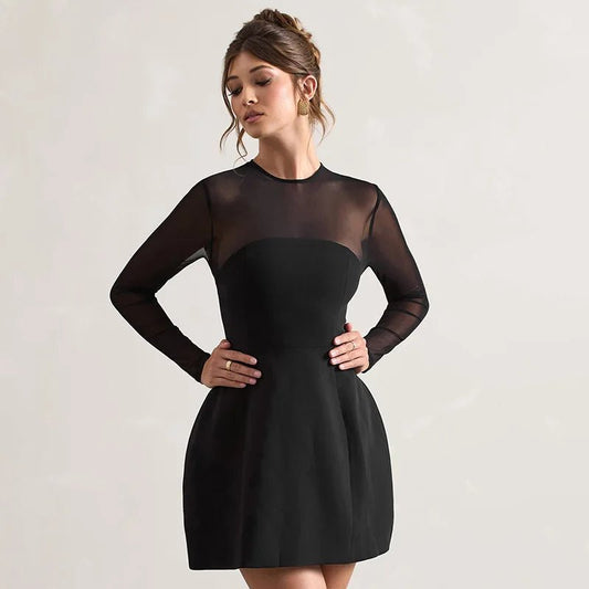 Mesh Splice Short Sleeveless Dress round Neck Long Sleeve Bodycon Dress Autumn New Arrival Cross - Border European And American - PratSN