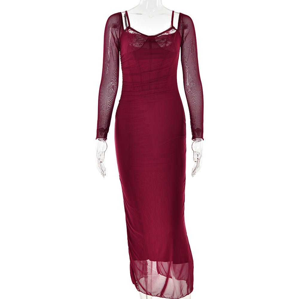 Mesh Stitching Lace Mid - length Dress - PratSN