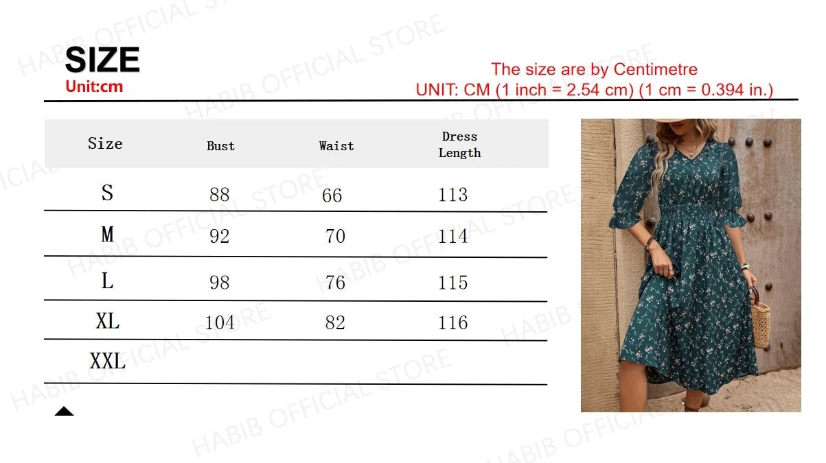 Mid Length Dress Waist Pullover Bohemian Printed Lantern Half Sleeve Floral Fragmented Flower Dress Beach Summer Green V Neck - PratSN