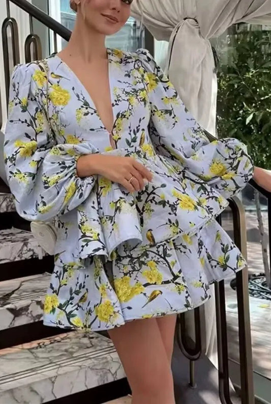 MYST&ZA Women's Clothing 2025 Summer New Fashion Holiday Style Linen Print V - neck Lantern Sleeve Short Dress - PratSN
