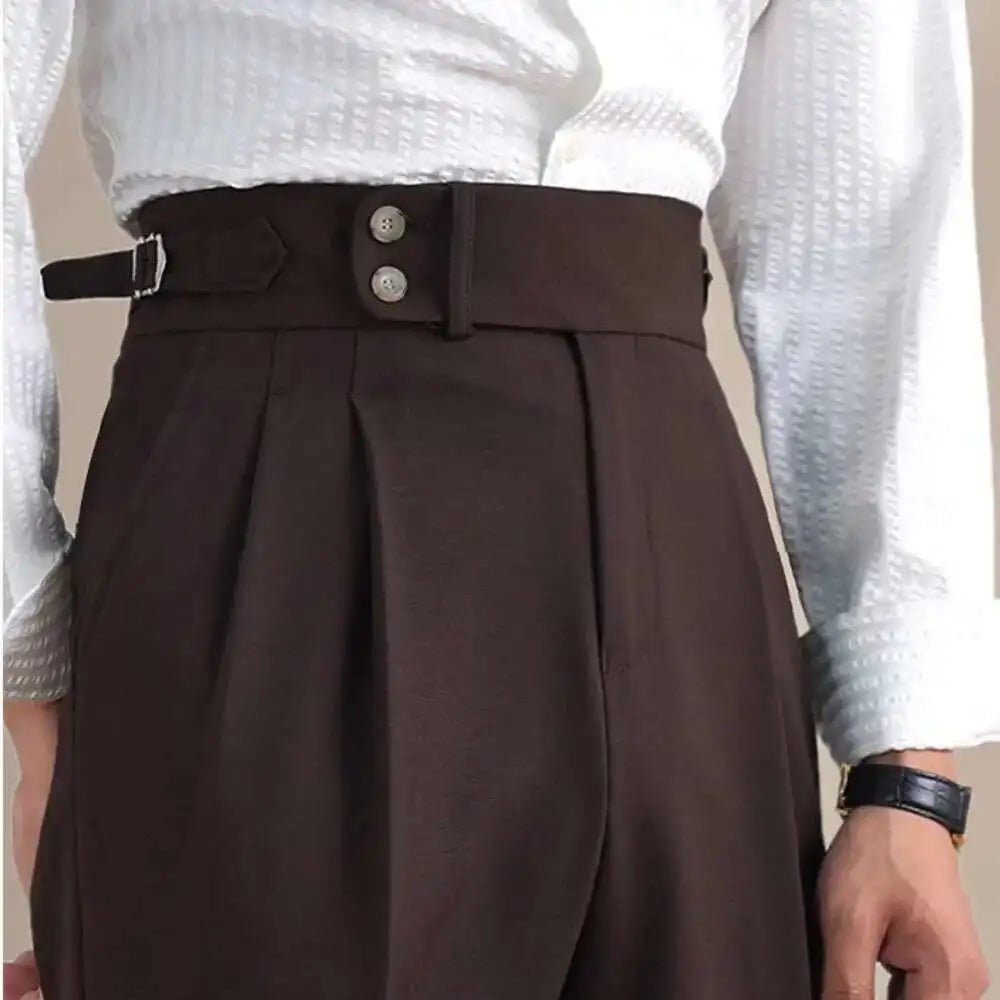 Naples Double Fold High Waist Linen Suit Pants For Men Summer Breathable Straight Leg Office Trousers Men Pantalon Costume Homme - PratSN