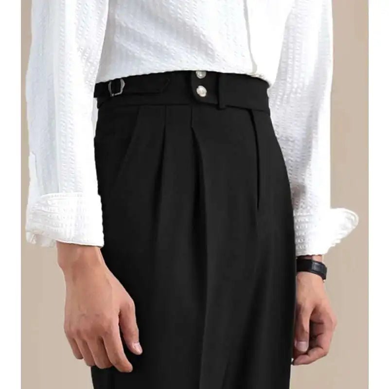 Naples Double Fold High Waist Linen Suit Pants For Men Summer Breathable Straight Leg Office Trousers Men Pantalon Costume Homme - PratSN