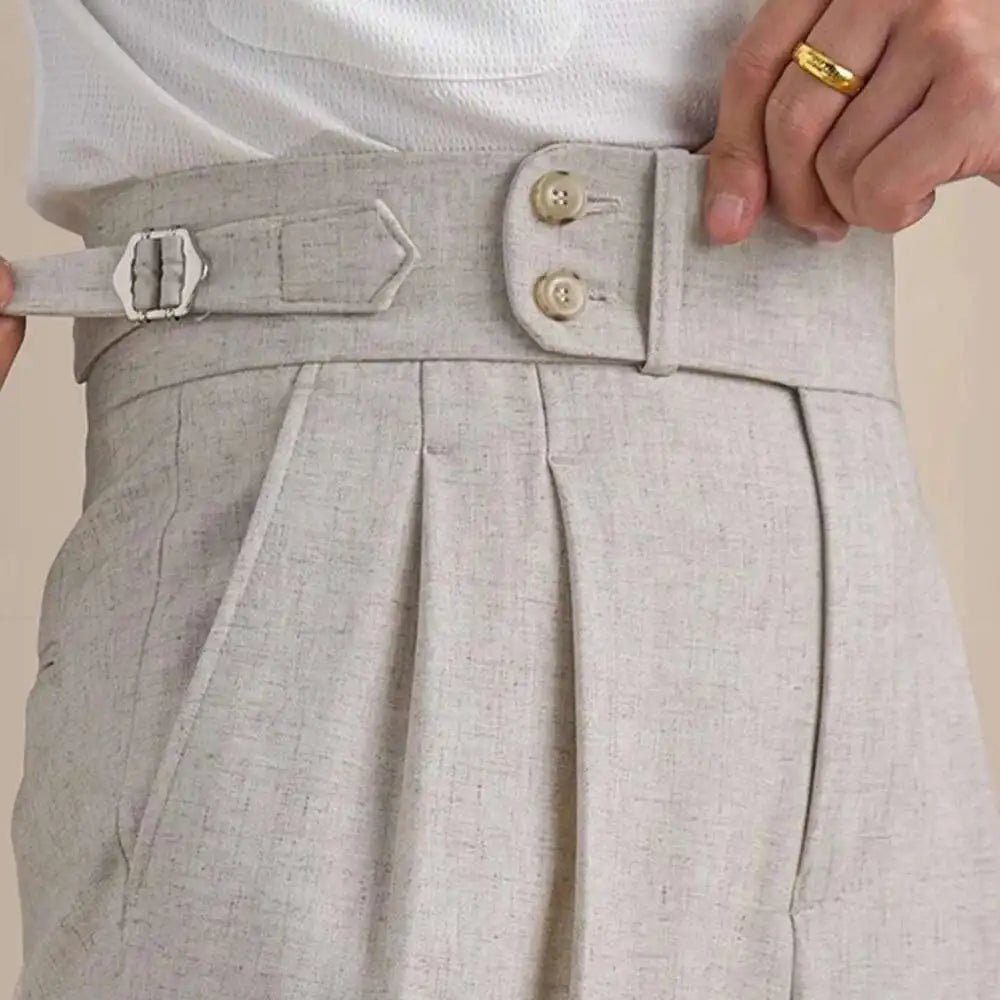 Naples Double Fold High Waist Linen Suit Pants For Men Summer Breathable Straight Leg Office Trousers Men Pantalon Costume Homme - PratSN