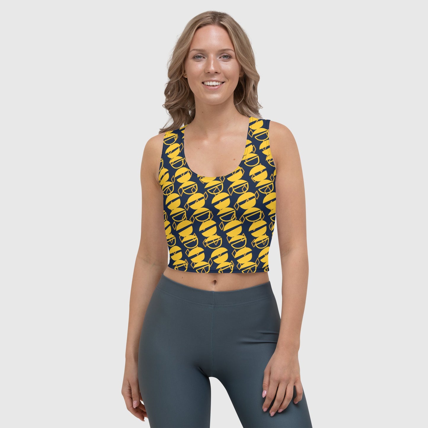 Navy blue and yellow crop top, Half circle pattern crop top, Body - hugging fit crop top, Crop top for a party, Summer dress - PratSN