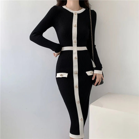 New 2024 Autumn Winter Sweater Dress Women Long Sleeve Slim Knitted Dresses Black Color Midi Dress Patchwork Color Elegant Dress - PratSN