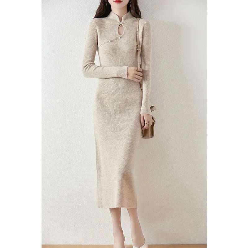 New Chinese Style Woolen Dress Women's Autumn Winter Vintage Cheongsam Bodycon Elegant Long Dress Modified Slimming Sweater Dres - PratSN