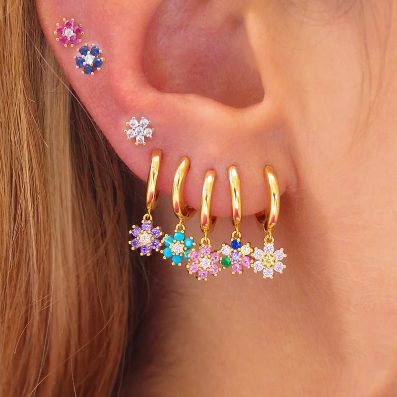 New Design Stainless Steel CZ Zircon Flowers Hoop Earring For Women Fashion Korean Pendant Piercing Earring Trendy Jewelry Gifts - PratSN