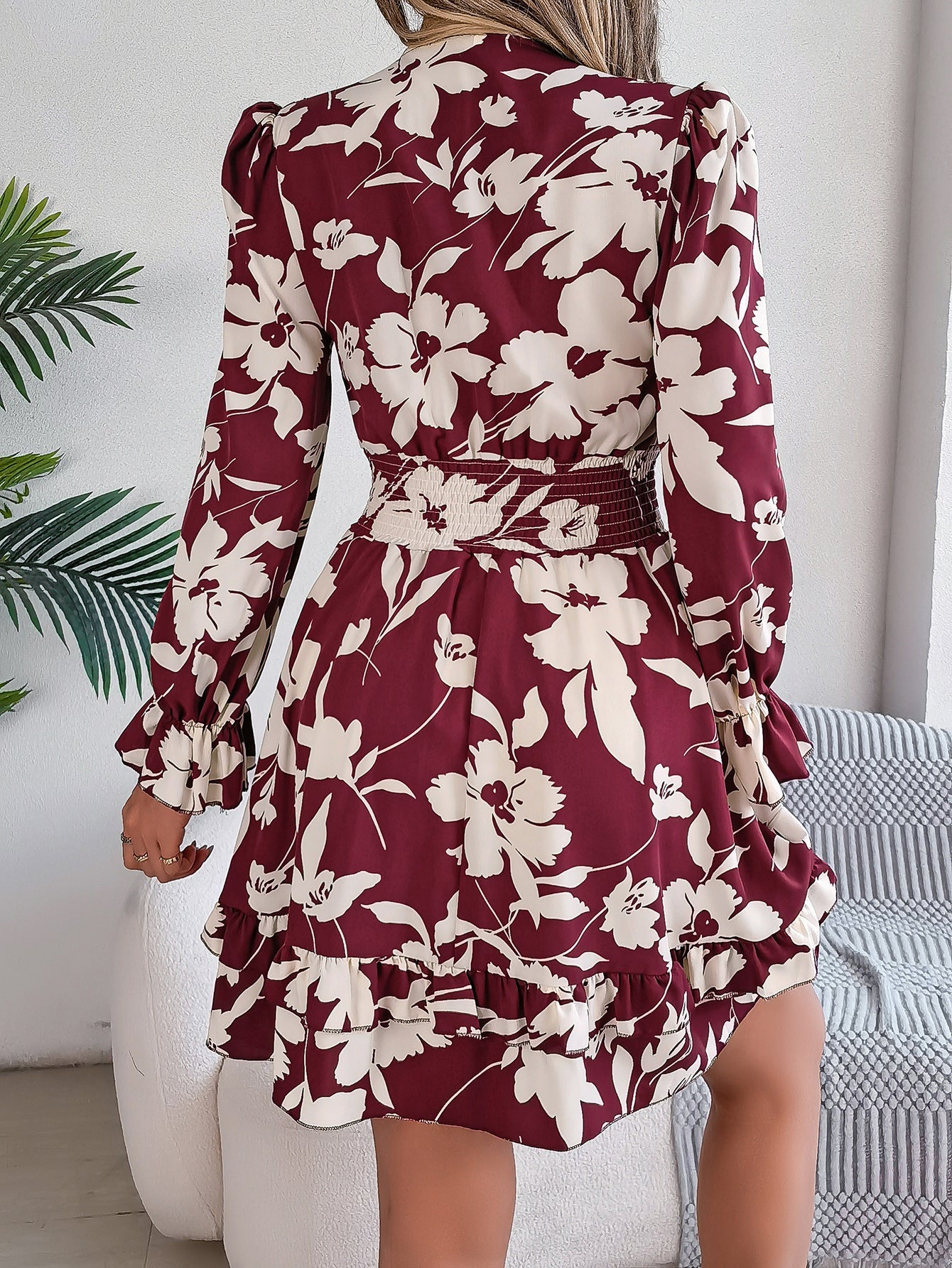 New Floral Printed V - Neck Long Sleeve Dress Fashion Ruffles Bowknot A - Line Short Dress Women's Clothing - PratSN