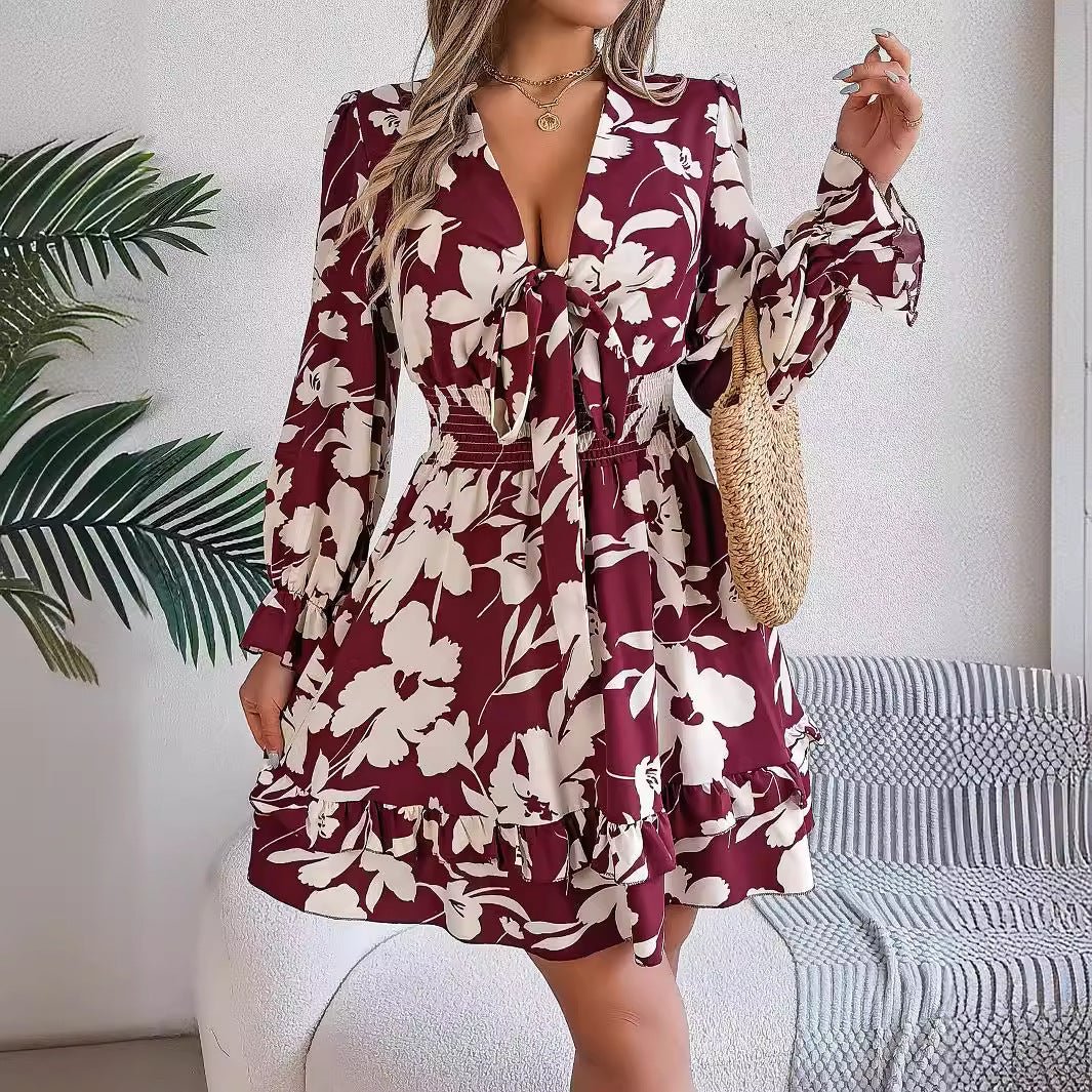 New Floral Printed V - Neck Long Sleeve Dress Fashion Ruffles Bowknot A - Line Short Dress Women's Clothing - PratSN