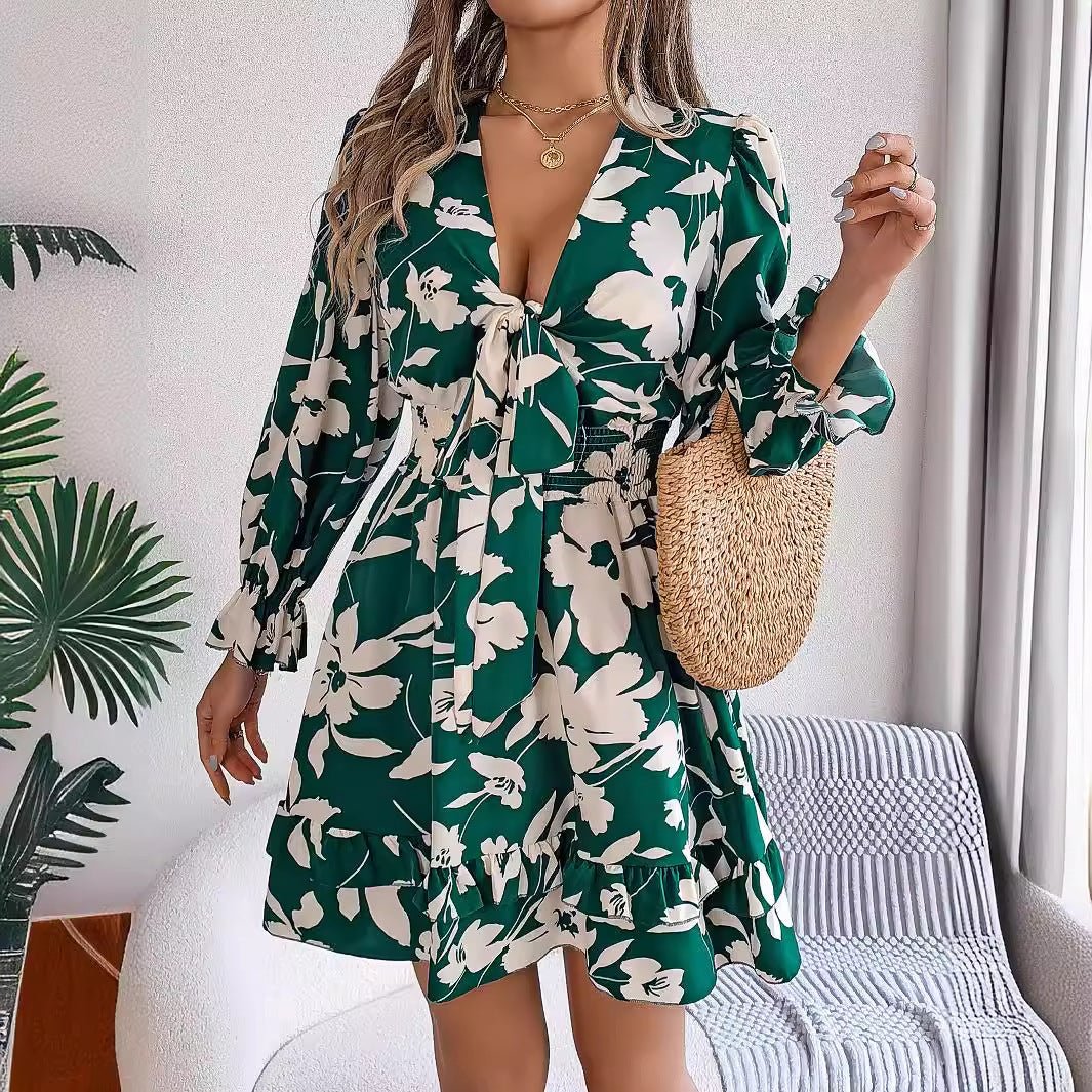 New Floral Printed V - Neck Long Sleeve Dress Fashion Ruffles Bowknot A - Line Short Dress Women's Clothing - PratSN