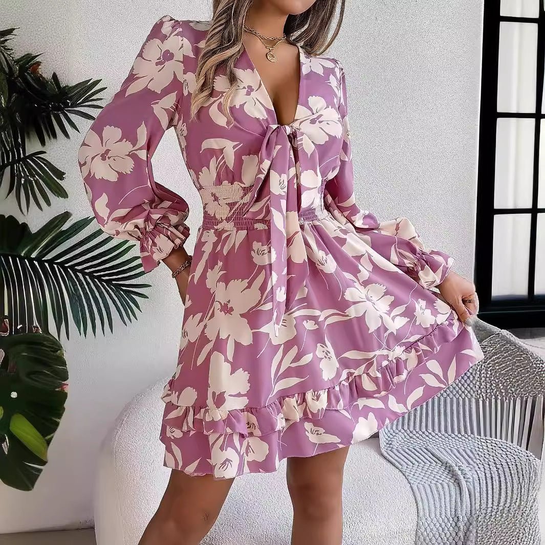 New Floral Printed V - Neck Long Sleeve Dress Fashion Ruffles Bowknot A - Line Short Dress Women's Clothing - PratSN