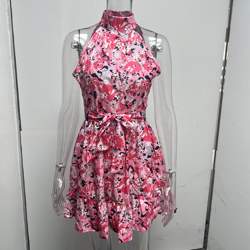 New Flowers Print Halterneck Dress Summer Fashion Temperament Lace - up Ruffled Dresses For Women - PratSN