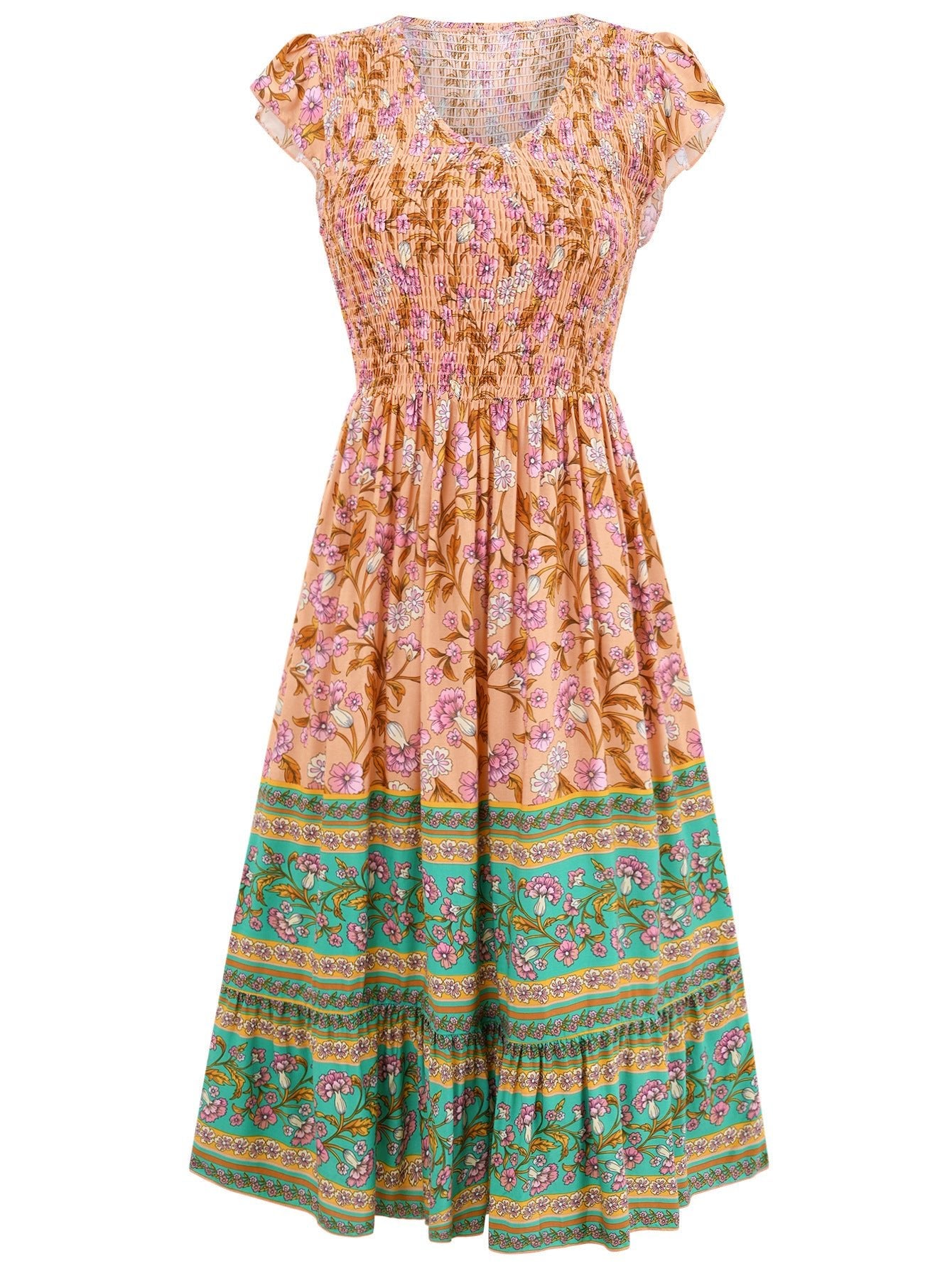 New Flowers Print V - neck Dress Summer Casual Ruffle Sleeveless Dresses Bohemian Holiday Beach Dress For Womens Clothing - PratSN