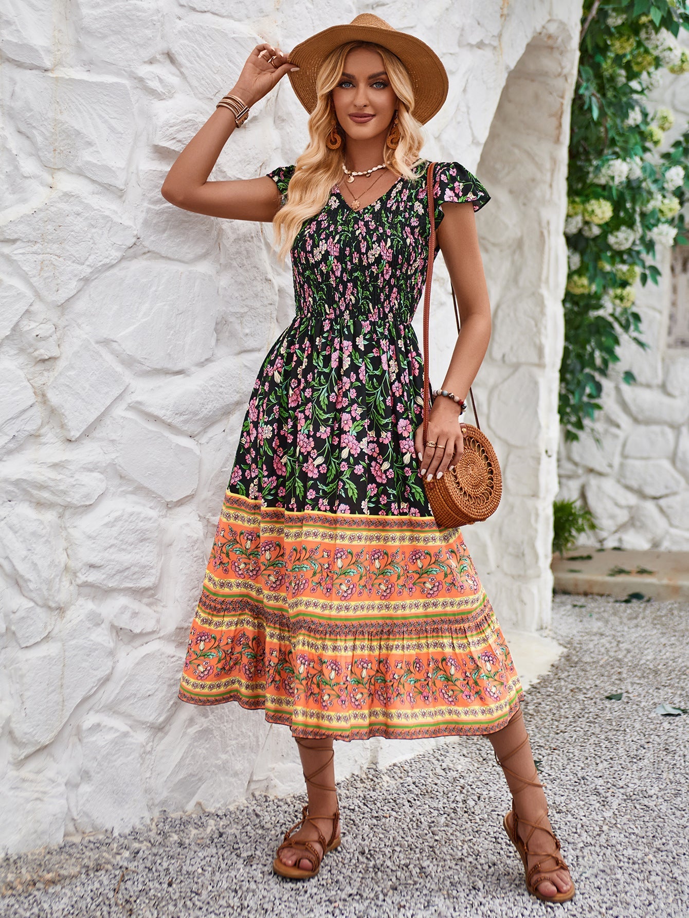 New Flowers Print V - neck Dress Summer Casual Ruffle Sleeveless Dresses Bohemian Holiday Beach Dress For Womens Clothing - PratSN