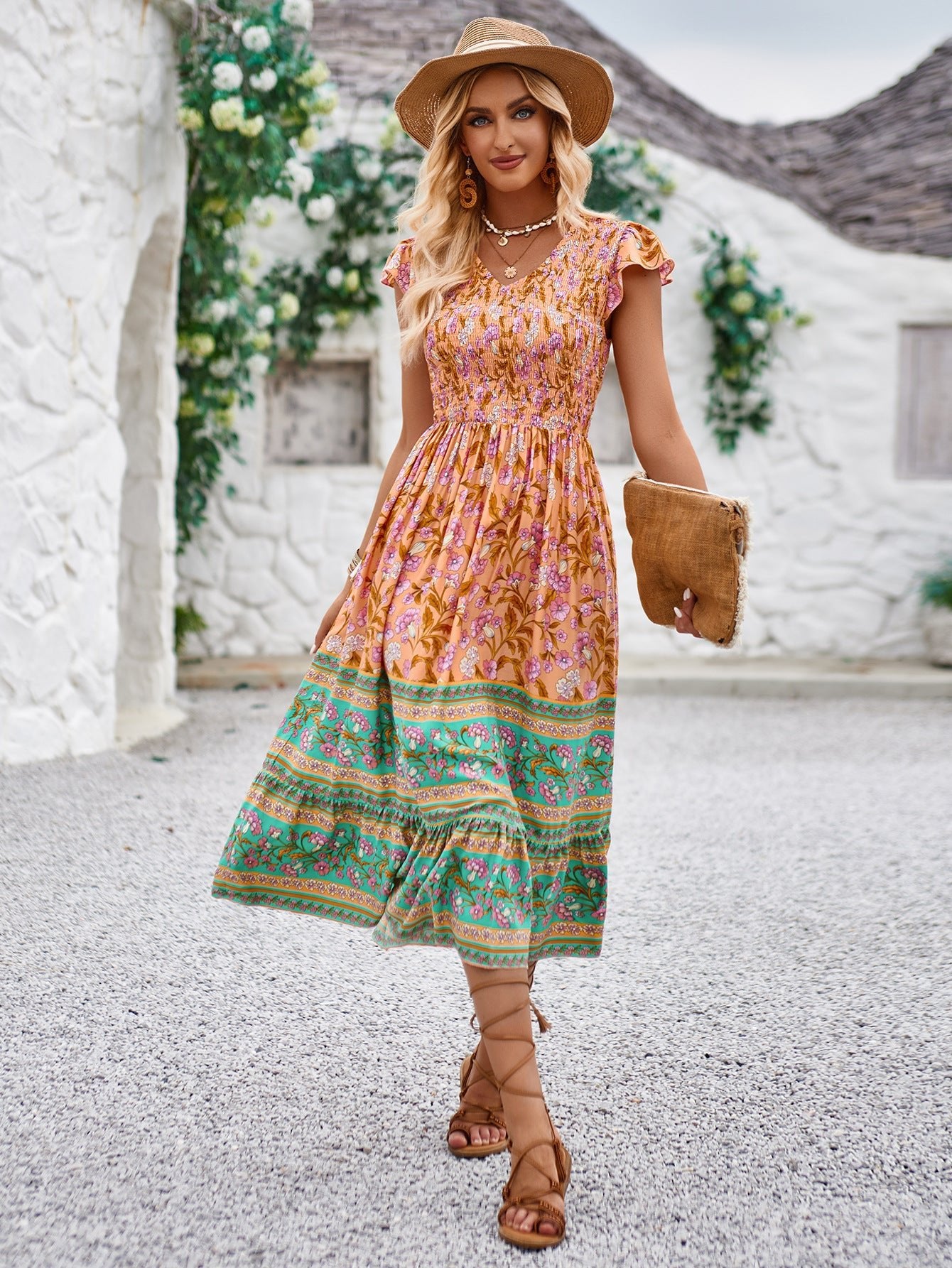New Flowers Print V - neck Dress Summer Casual Ruffle Sleeveless Dresses Bohemian Holiday Beach Dress For Womens Clothing - PratSN
