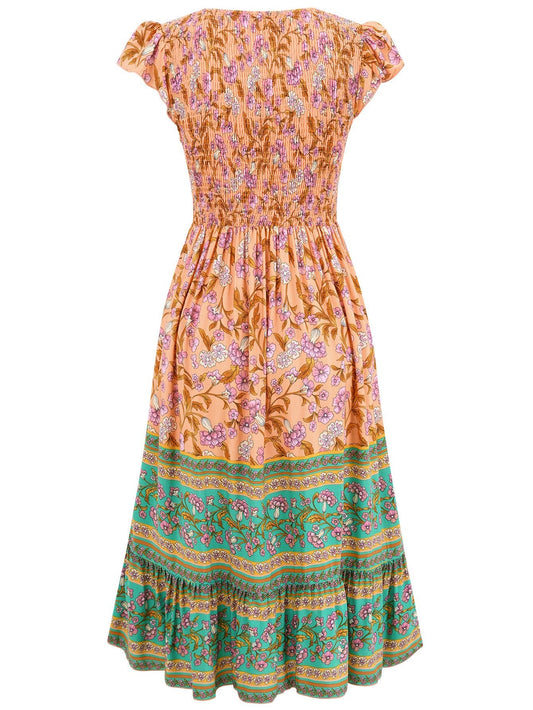 New Flowers Print V - neck Dress Summer Casual Ruffle Sleeveless Dresses Bohemian Holiday Beach Dress For Womens Clothing - PratSN