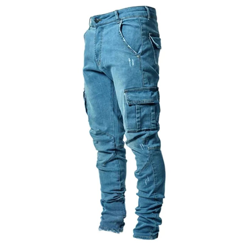 new Jeans Men Pants Wash Solid Color Multi Pockets Denim Mid Waist Cargo Jeans Plus Size Fahsion Casual Trousers Male Daily Wear - PratSN