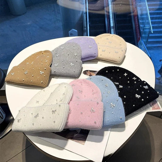 New Luxury Rhinestone Beads Knitted Hat Fur Wool Cap Winter Fashion Thickened Warm Beanie's - PratSN