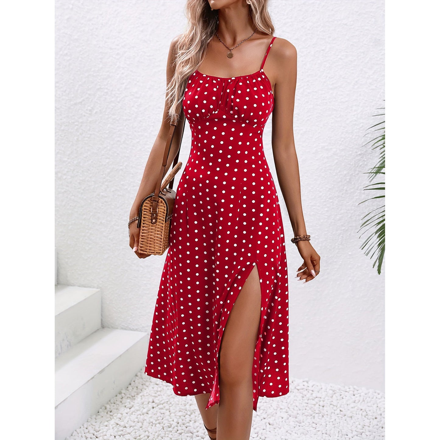 New Polka Dot Print Suspender Dress Summer Sexy Split Long Dresses For Womens Clothing - PratSN