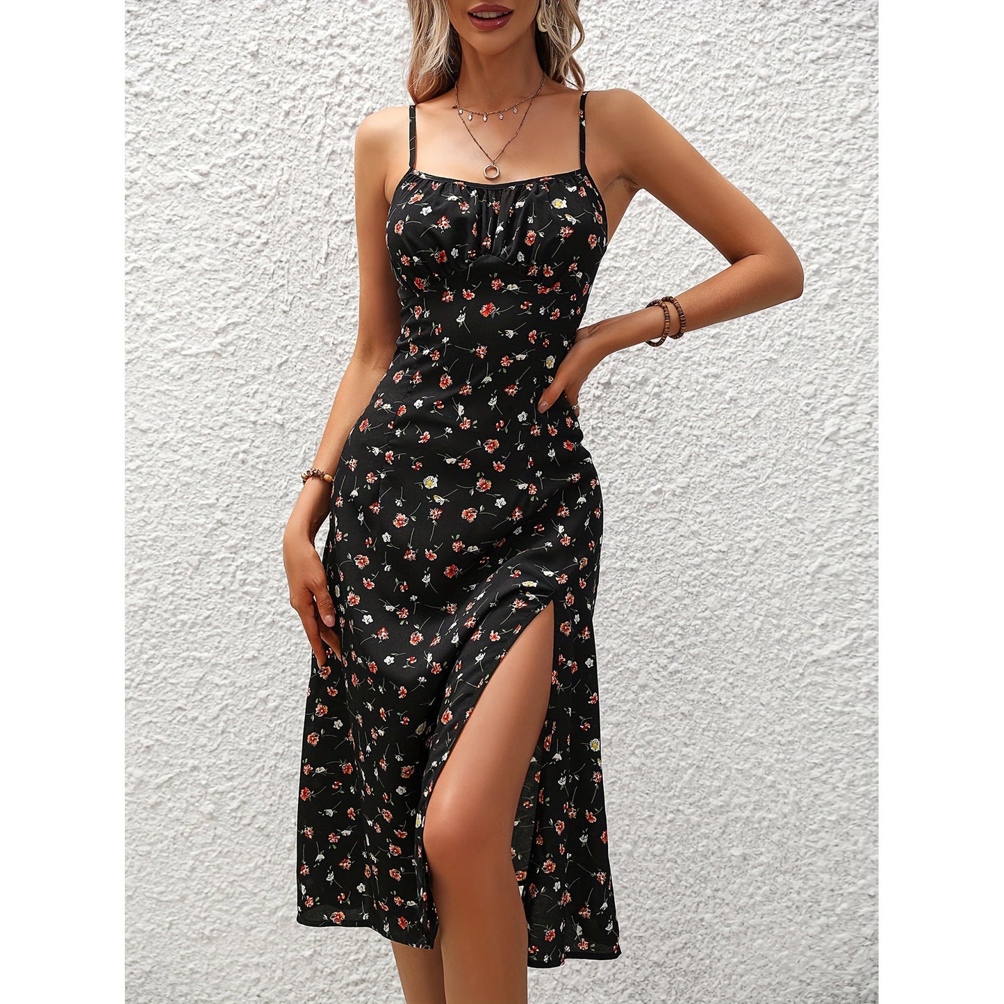New Polka Dot Print Suspender Dress Summer Sexy Split Long Dresses For Womens Clothing - PratSN