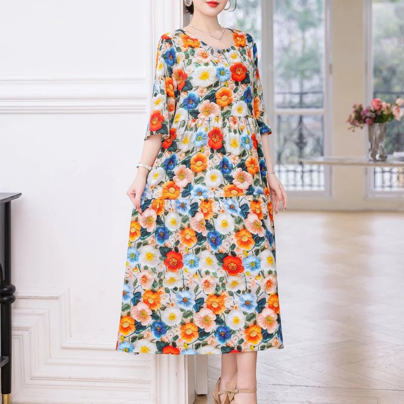 New Print Hot 2025 New Fashion Floral Printed Summer Dress Vestidos Elegant half Sleeve Slim O - Neck Party Women clothing - PratSN