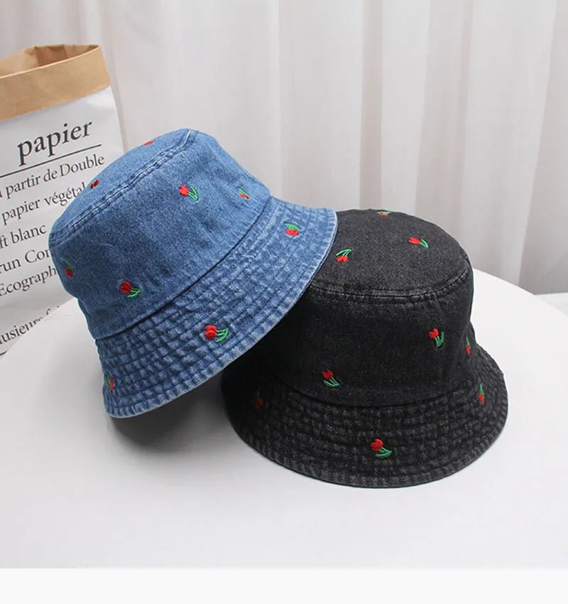 New Summer Embroidery Cherry Washed Denim Bucket Hat For Women Outdoor Fisherman Hat Beachside Sunscreen Cap Female Gift - PratSN