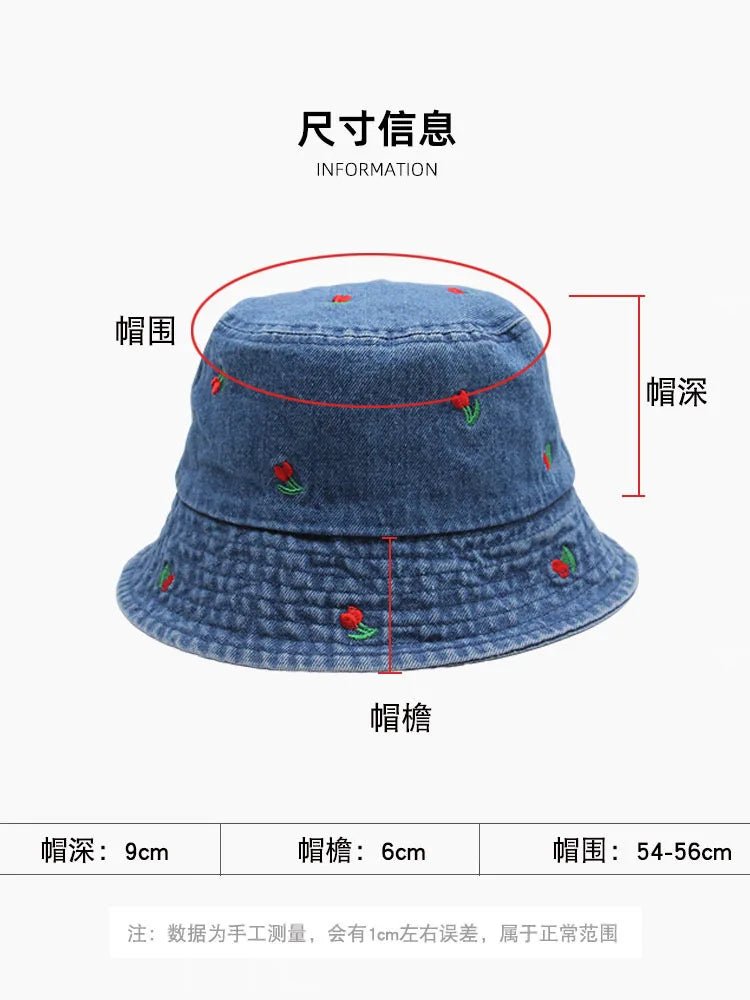 New Summer Embroidery Cherry Washed Denim Bucket Hat For Women Outdoor Fisherman Hat Beachside Sunscreen Cap Female Gift - PratSN