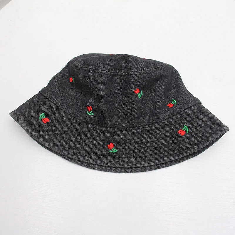 New Summer Embroidery Cherry Washed Denim Bucket Hat For Women Outdoor Fisherman Hat Beachside Sunscreen Cap Female Gift - PratSN