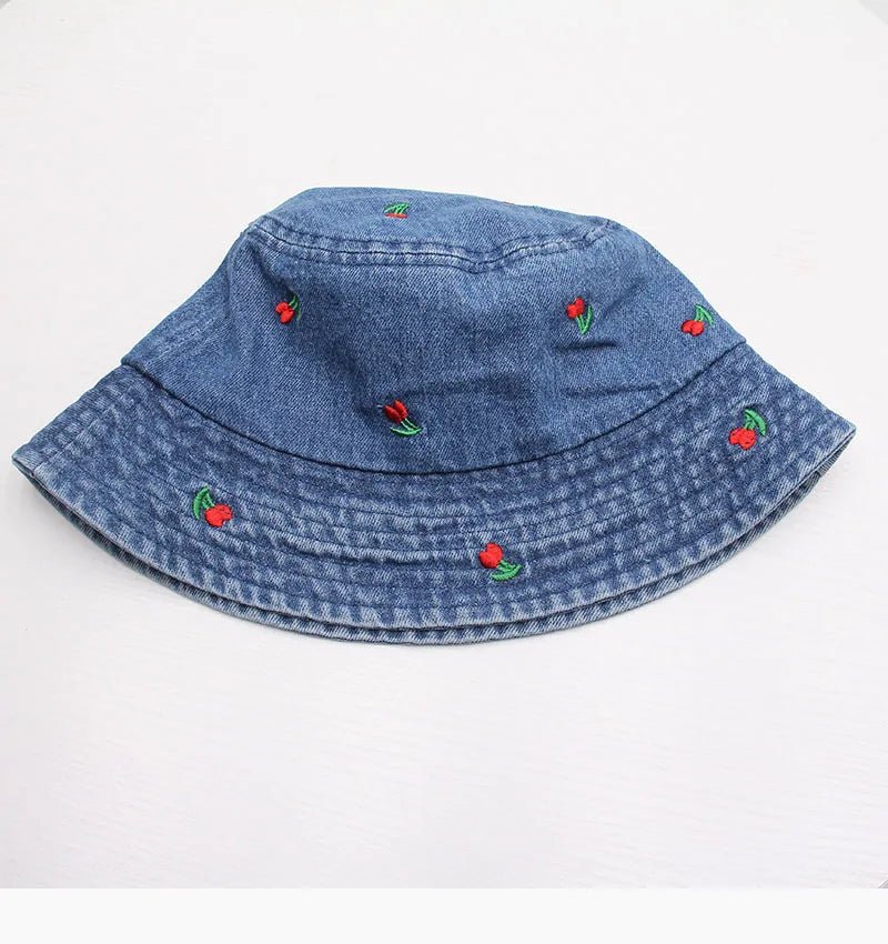 New Summer Embroidery Cherry Washed Denim Bucket Hat For Women Outdoor Fisherman Hat Beachside Sunscreen Cap Female Gift - PratSN