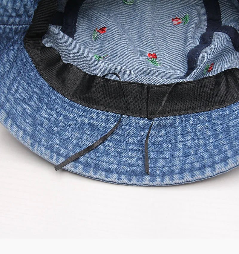 New Summer Embroidery Cherry Washed Denim Bucket Hat For Women Outdoor Fisherman Hat Beachside Sunscreen Cap Female Gift - PratSN