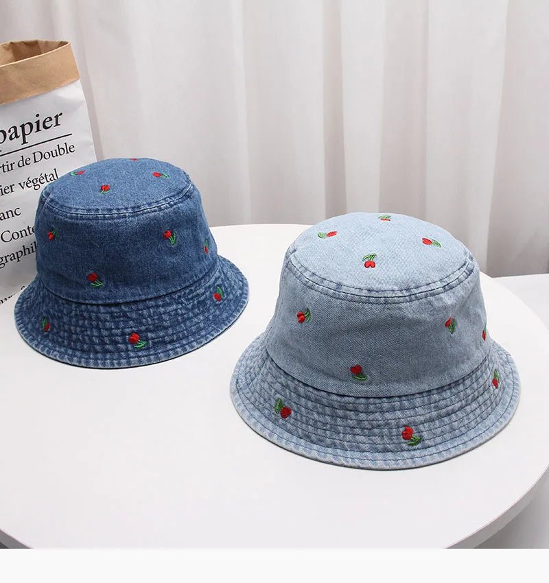 New Summer Embroidery Cherry Washed Denim Bucket Hat For Women Outdoor Fisherman Hat Beachside Sunscreen Cap Female Gift - PratSN