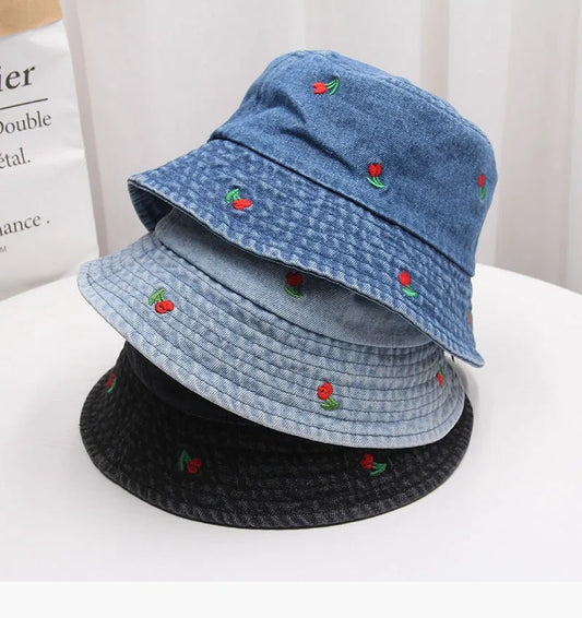 New Summer Embroidery Cherry Washed Denim Bucket Hat For Women Outdoor Fisherman Hat Beachside Sunscreen Cap Female Gift - PratSN
