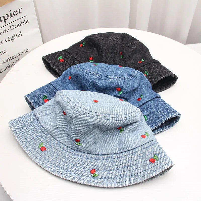 New Summer Embroidery Cherry Washed Denim Bucket Hat For Women Outdoor Fisherman Hat Beachside Sunscreen Cap Female Gift - PratSN