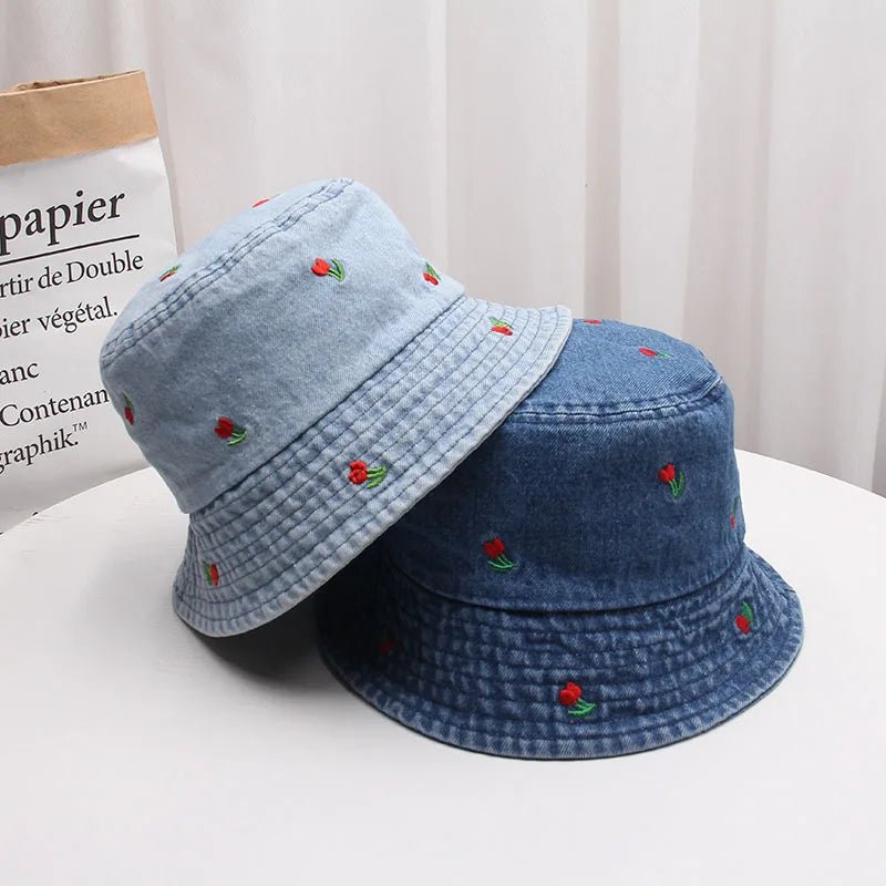 New Summer Embroidery Cherry Washed Denim Bucket Hat For Women Outdoor Fisherman Hat Beachside Sunscreen Cap Female Gift - PratSN