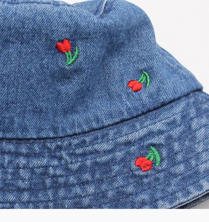 New Summer Embroidery Cherry Washed Denim Bucket Hat For Women Outdoor Fisherman Hat Beachside Sunscreen Cap Female Gift - PratSN