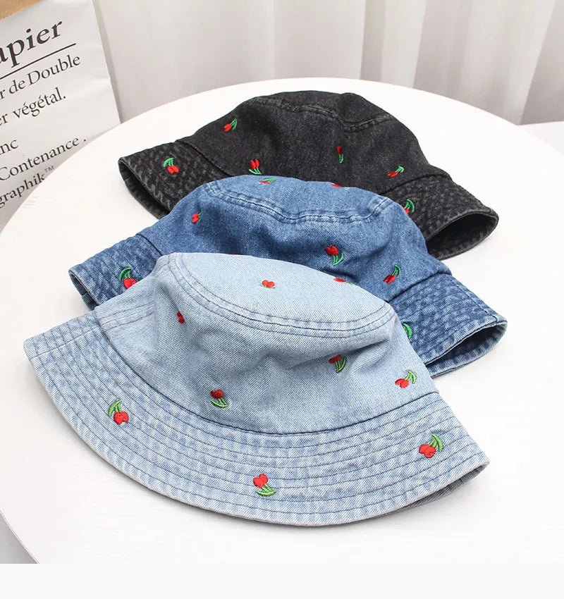 New Summer Embroidery Cherry Washed Denim Bucket Hat For Women Outdoor Fisherman Hat Beachside Sunscreen Cap Female Gift - PratSN