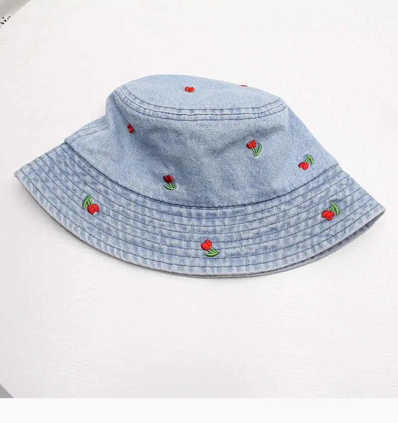 New Summer Embroidery Cherry Washed Denim Bucket Hat For Women Outdoor Fisherman Hat Beachside Sunscreen Cap Female Gift - PratSN