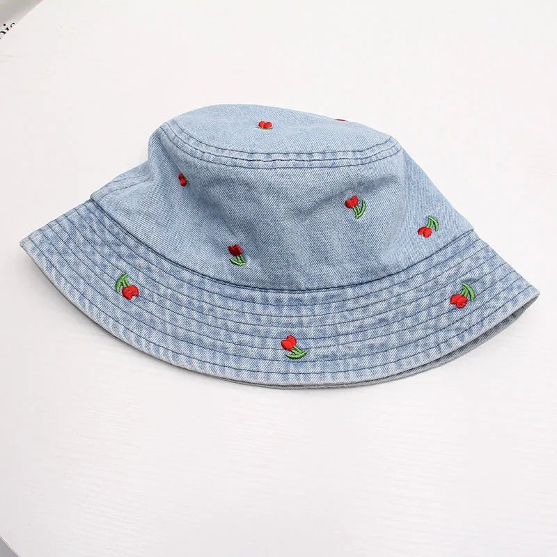 New Summer Embroidery Cherry Washed Denim Bucket Hat For Women Outdoor Fisherman Hat Beachside Sunscreen Cap Female Gift - PratSN