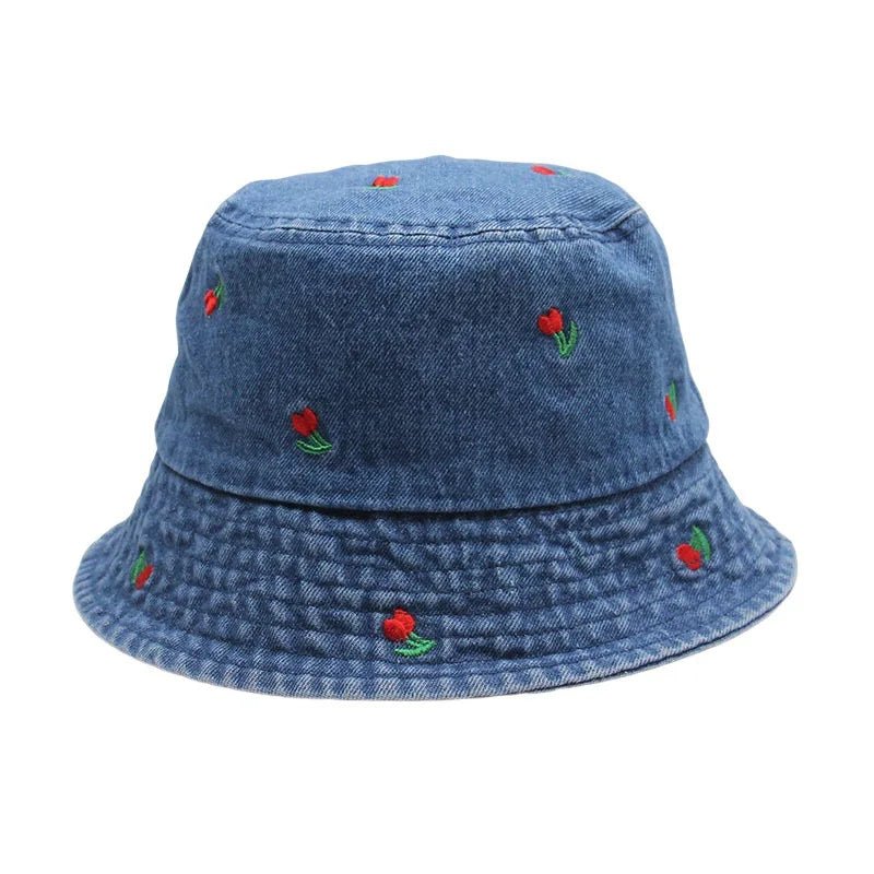 New Summer Embroidery Cherry Washed Denim Bucket Hat For Women Outdoor Fisherman Hat Beachside Sunscreen Cap Female Gift - PratSN