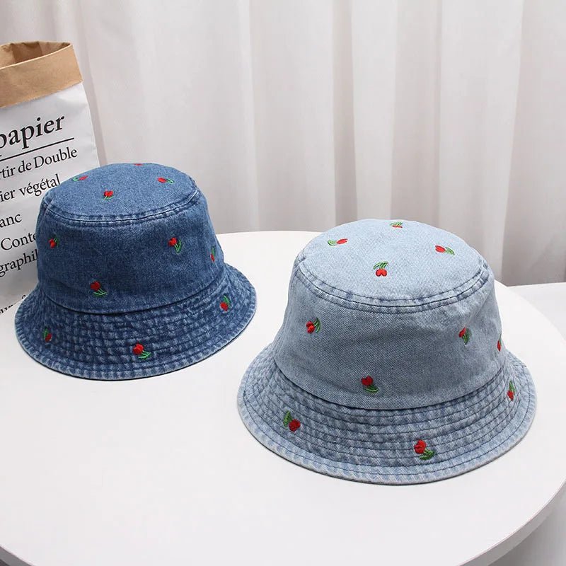 New Summer Embroidery Cherry Washed Denim Bucket Hat For Women Outdoor Fisherman Hat Beachside Sunscreen Cap Female Gift - PratSN