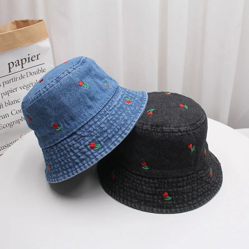 New Summer Embroidery Cherry Washed Denim Bucket Hat For Women Outdoor Fisherman Hat Beachside Sunscreen Cap Female Gift - PratSN