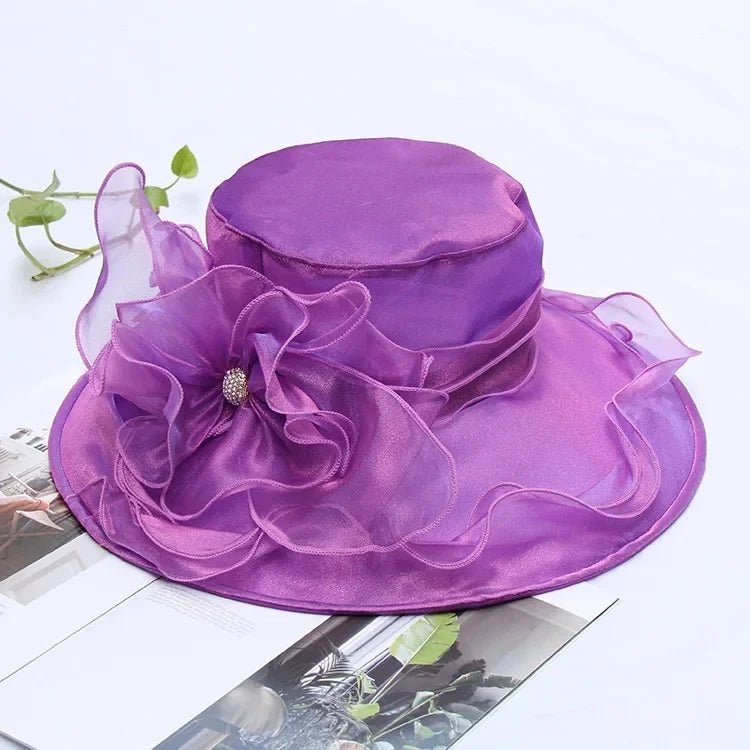 New Summer Women's Sun Hat Pure Color Flower Sunscreen Beach Hat Crystal Buckle Curl Edge Gift Hat Beach Accessory - PratSN