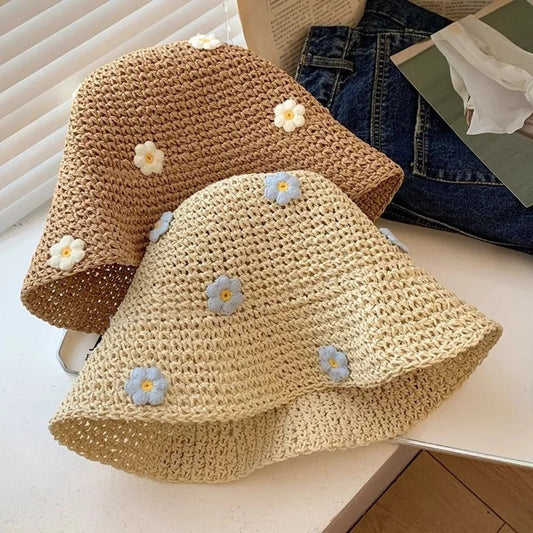 New Sweet Foldable Straw Hat Sun Protection Little Flowers Fisherman Cap Breathable UV Protection Bucket Hat Beach - PratSN