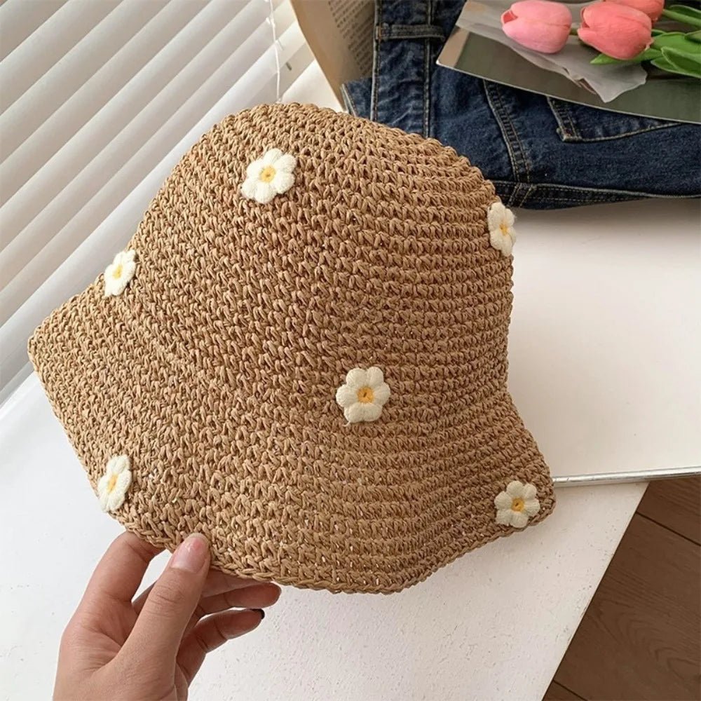 New Sweet Foldable Straw Hat Sun Protection Little Flowers Fisherman Cap Breathable UV Protection Bucket Hat Beach - PratSN