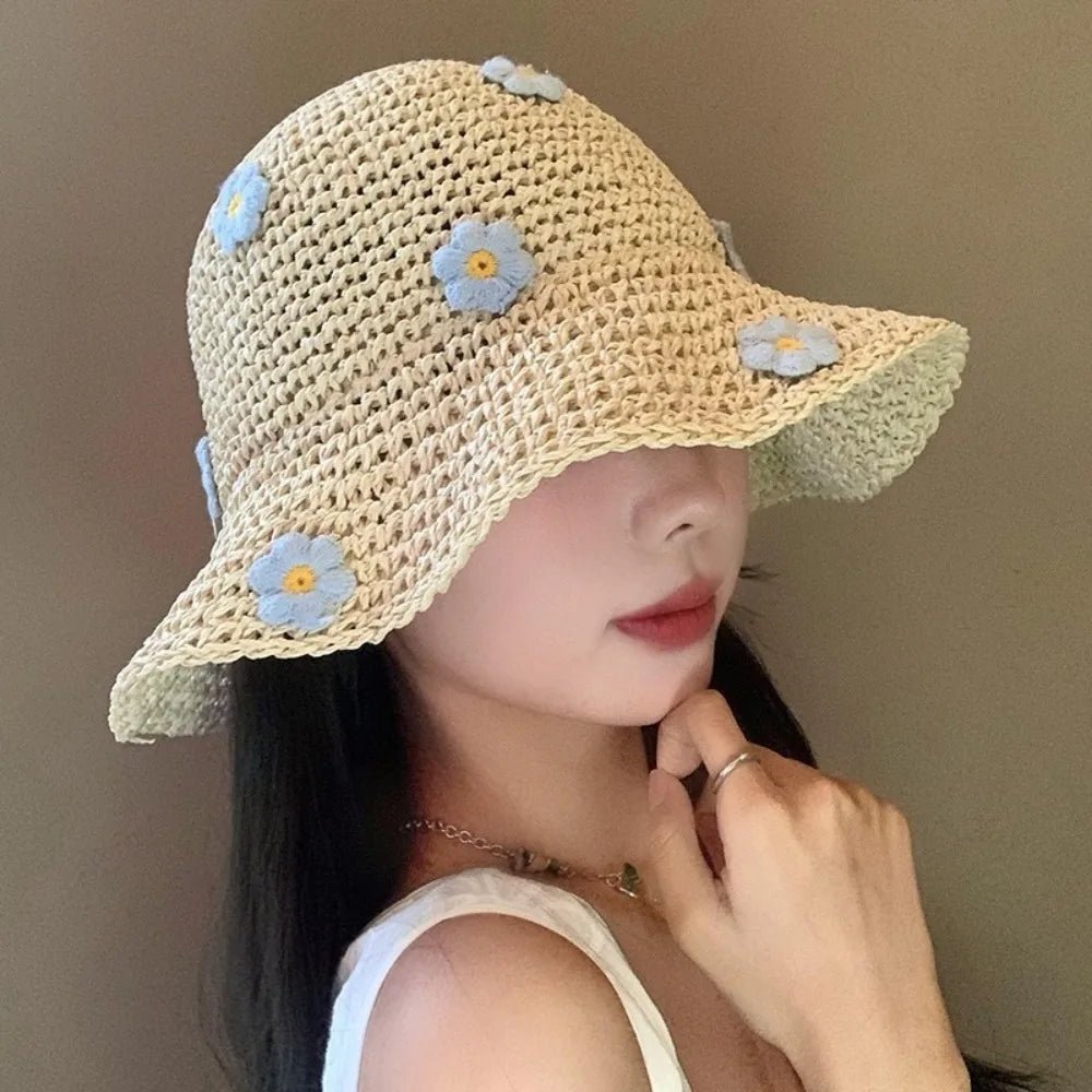 New Sweet Foldable Straw Hat Sun Protection Little Flowers Fisherman Cap Breathable UV Protection Bucket Hat Beach - PratSN