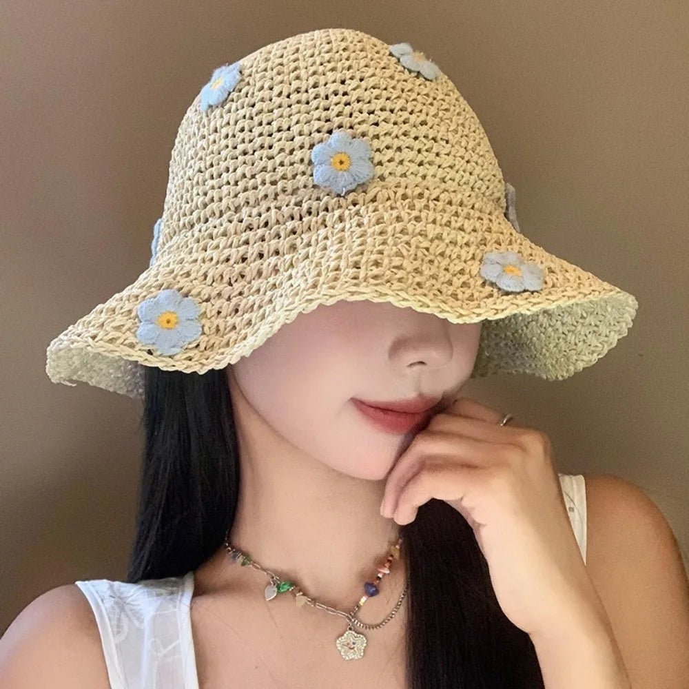 New Sweet Foldable Straw Hat Sun Protection Little Flowers Fisherman Cap Breathable UV Protection Bucket Hat Beach - PratSN